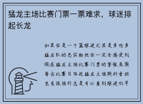 猛龙主场比赛门票一票难求，球迷排起长龙