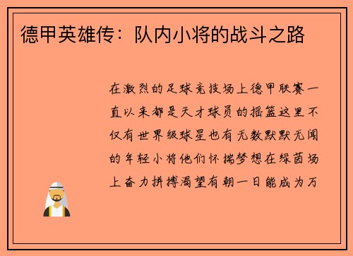 德甲英雄传：队内小将的战斗之路