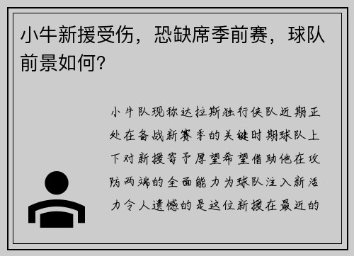 小牛新援受伤，恐缺席季前赛，球队前景如何？