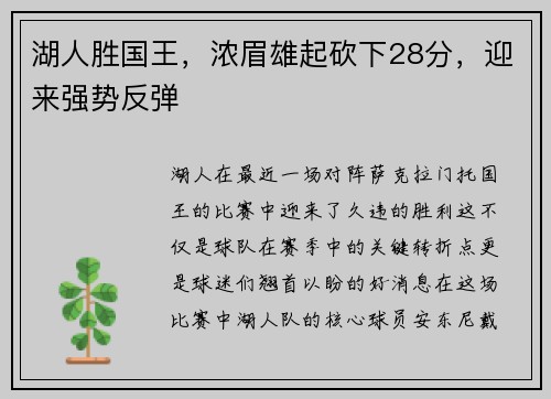 湖人胜国王，浓眉雄起砍下28分，迎来强势反弹